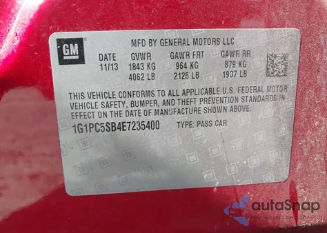 2014 Chevrolet Cruze 1Lt Auto из США, поврежденный, VIN 1G1PC5SB4E7235400